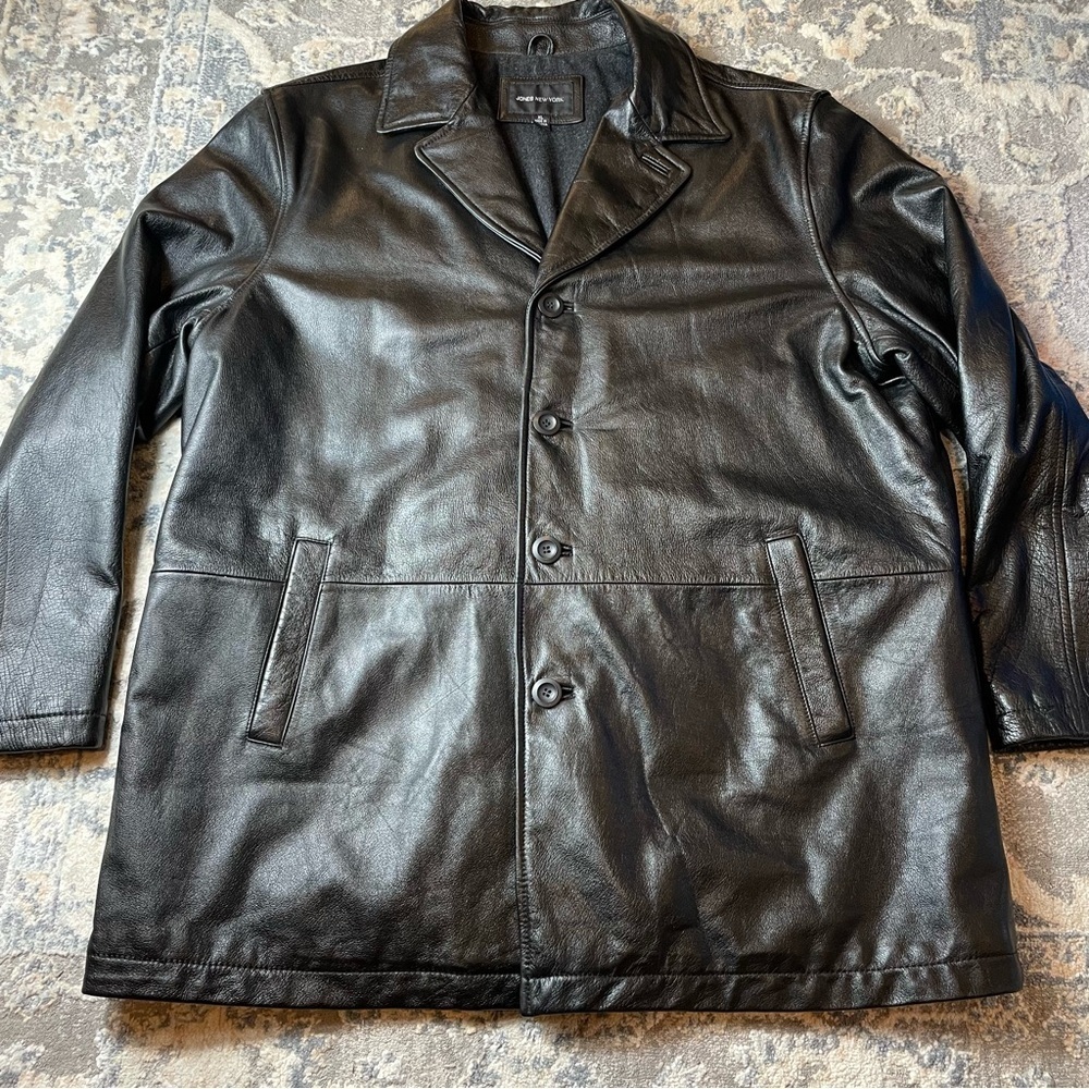 Jones New York Black Leather Jacket Coat Classic Design